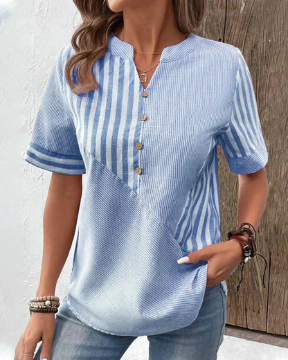 Women's Striped Short Sleeve Henley Blouse