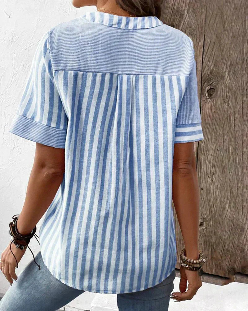 Women's Striped Short Sleeve Henley Blouse