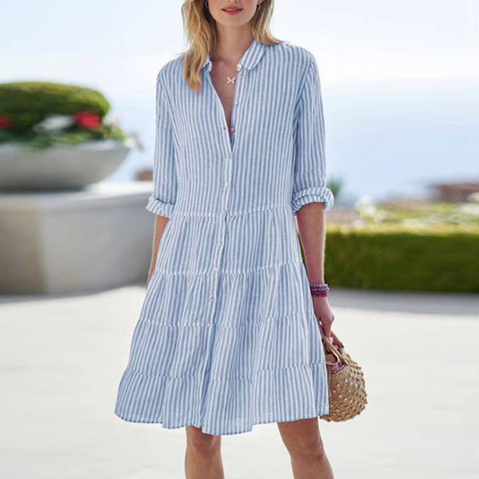 Women's Striped Mini Dress Cotton Button Down - Fashinoza