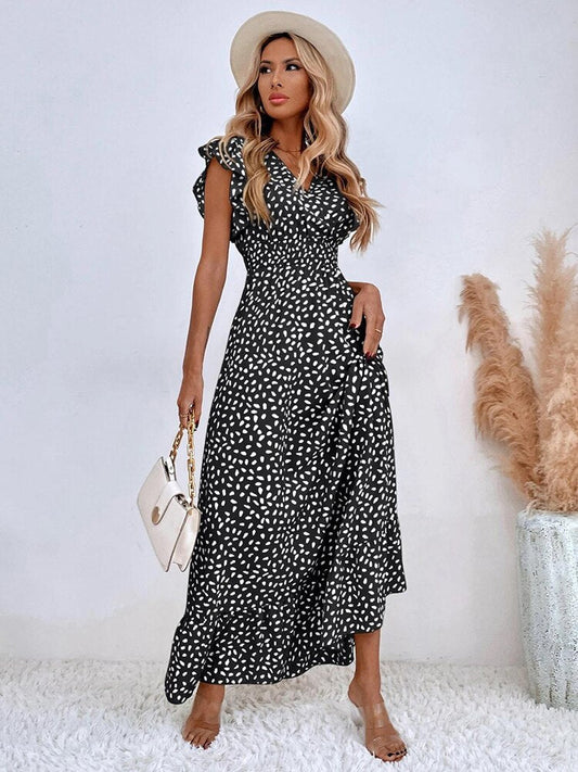 Women's V-Neck Maxi Dress Ruffle Sleeves - Fashinoza