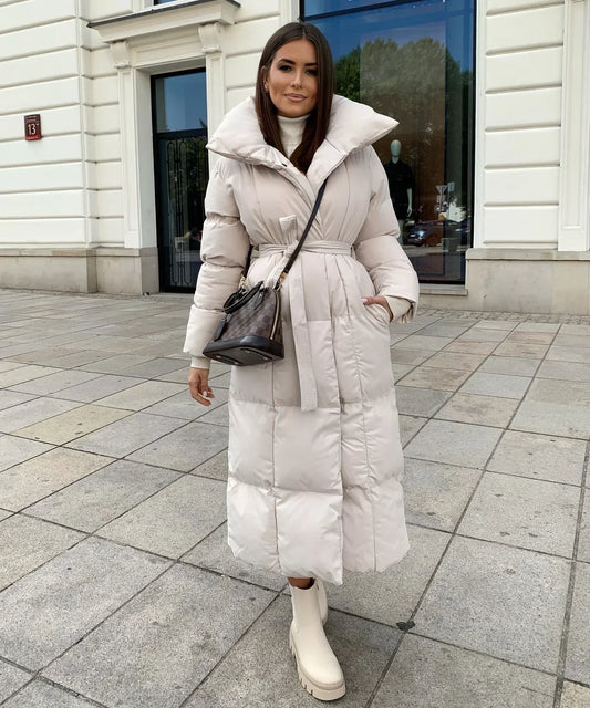 Women's Puffer Coat Belted High Collar - 
Fashinoza