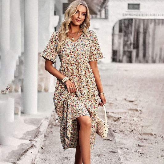 Lauren Women's V-Neck Ruffle Midi Dress - Fashinoza