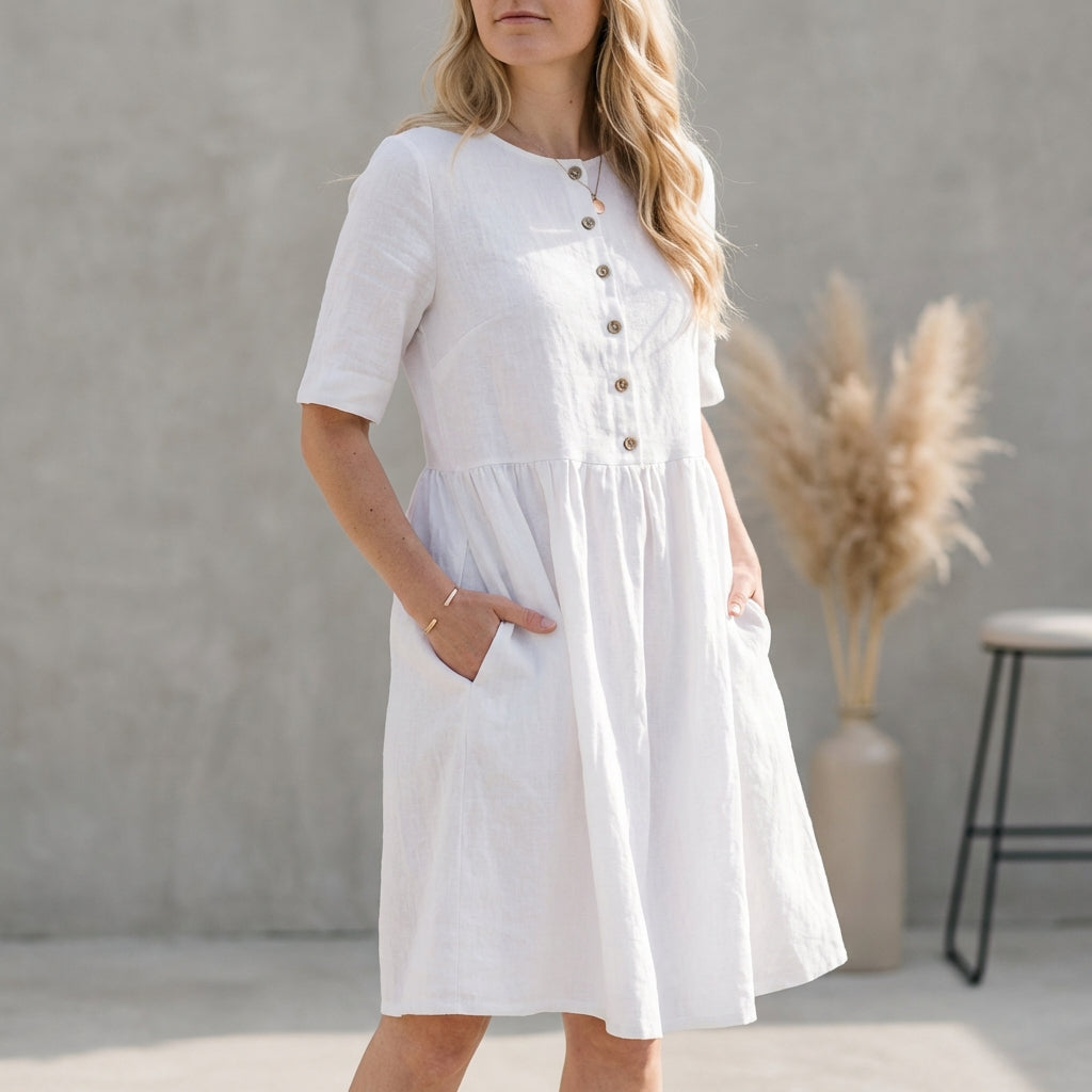 Women's A-Line Midi Dress Button Front - Fashinoza