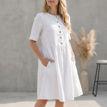 Women's A-Line Midi Dress Button Front - Fashinoza
