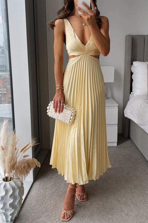 Women's V-Neck Pleated Midi Dress - Fashinoza
