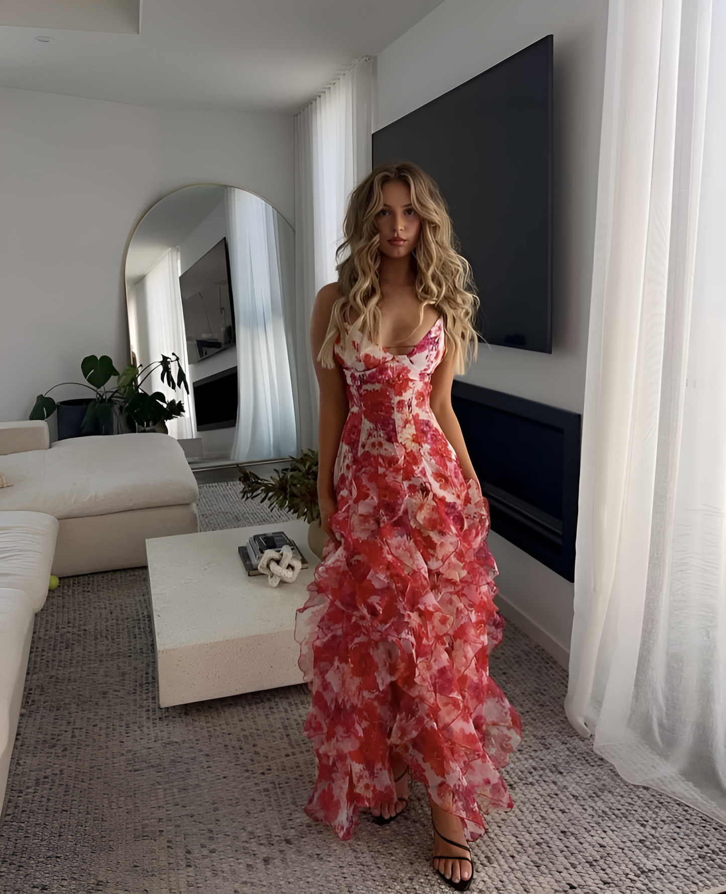 Women's Floral Maxi Dress Ruffle Detail - Fashinoza