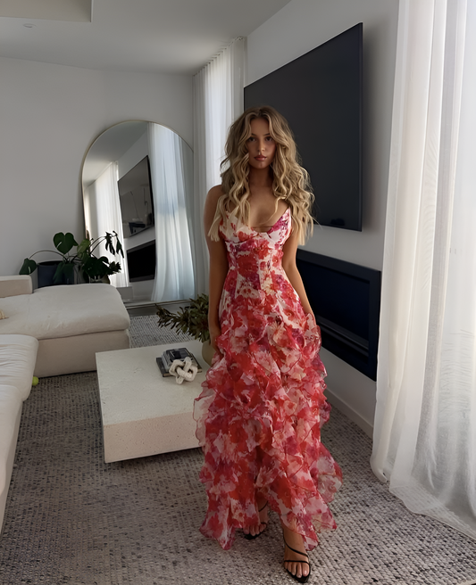 Women's Floral Maxi Dress Ruffle Detail - Fashinoza