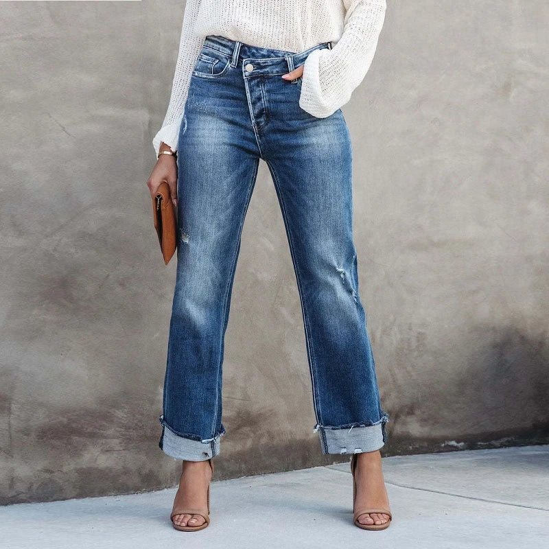 Women's High Waisted Cuffed Jeans - Fashinoza