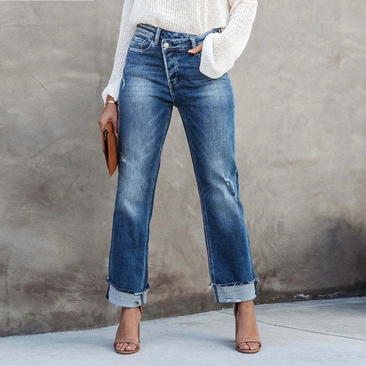 Women's High Waisted Cuffed Jeans - Fashinoza