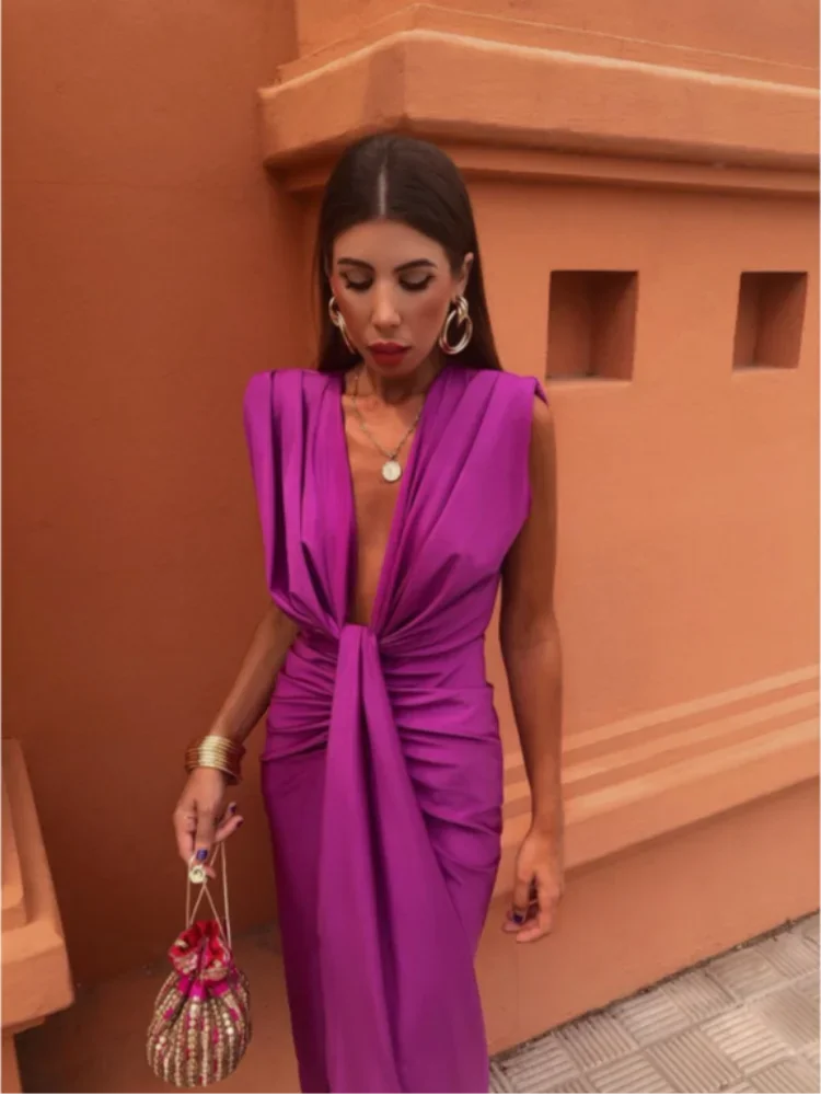 Image of Leslie | Women's Plunge Neck Midi Dress