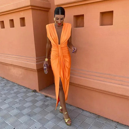 Image of Leslie | Women's Plunge Neck Midi Dress