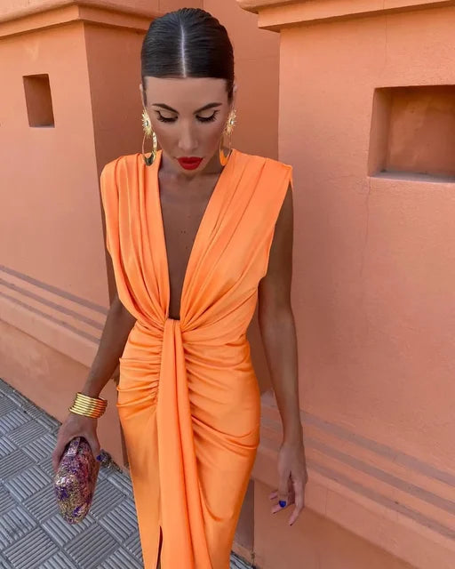 Image of Leslie | Women's Plunge Neck Midi Dress