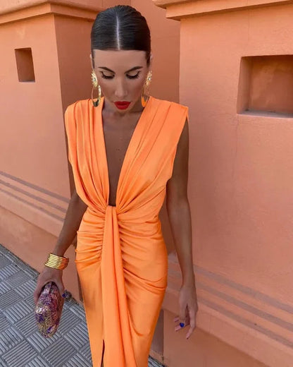 Image of Leslie | Women's Plunge Neck Midi Dress