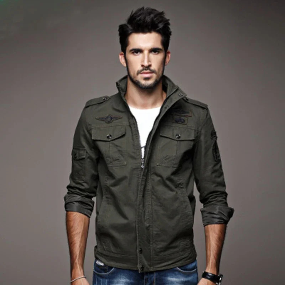 Men's Military Jacket Stand Collar Pockets