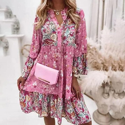 Women's Floral V-Neck Tiered Mini Dress - Fashinoza