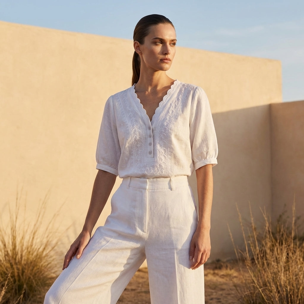 Women's Relaxed Fit V-Neck Blouse Embroidered Detail