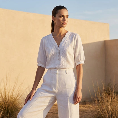 Women's Relaxed Fit V-Neck Blouse Embroidered Detail