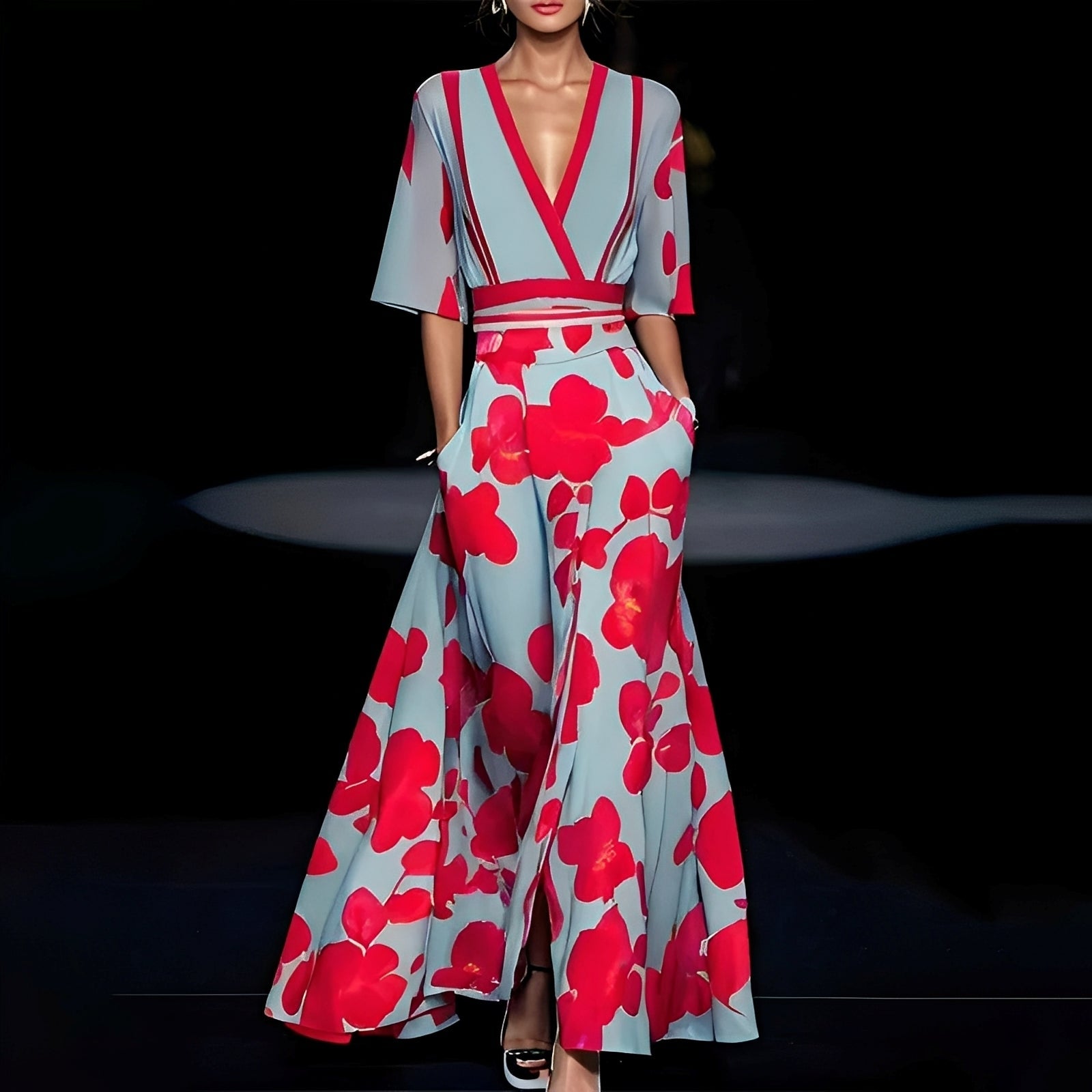Women's V-Neck A-Line Maxi Dress - 
Fashinoza