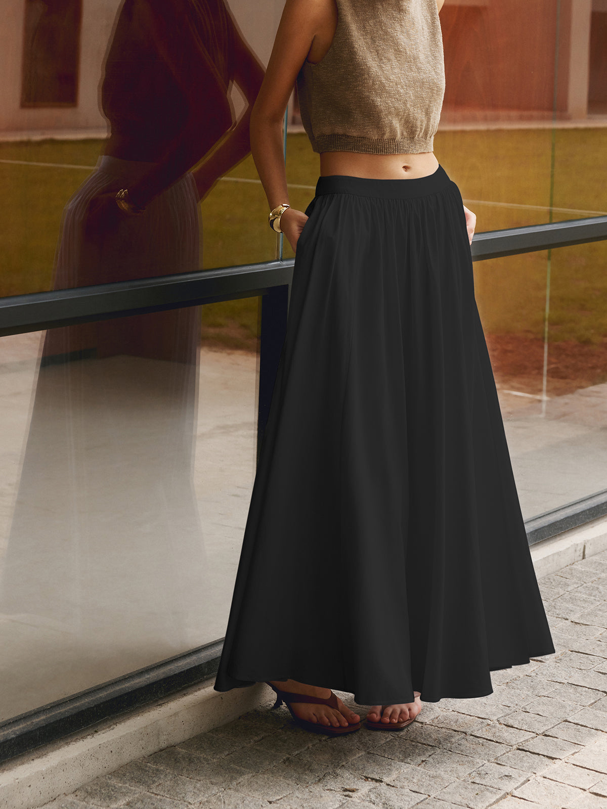 Women's High Waist A-Line Maxi Skirt With Pockets