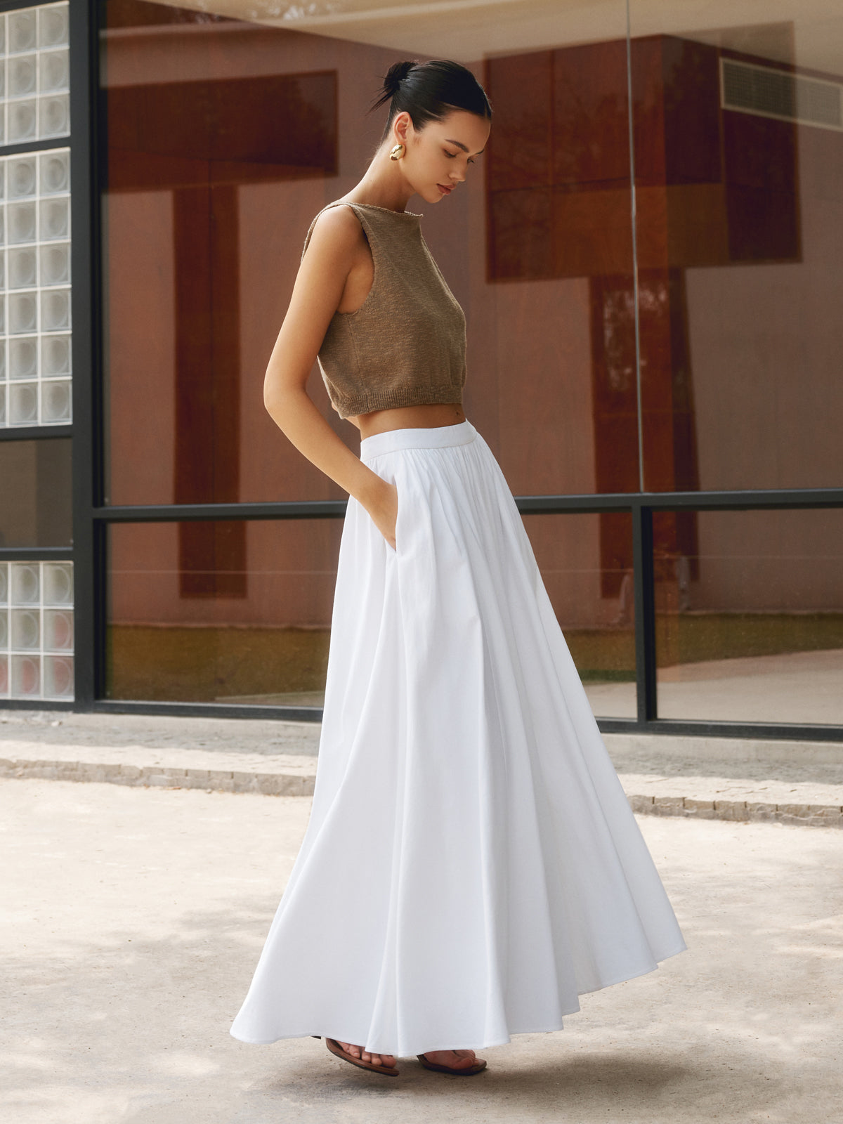 Women's High Waist A-Line Maxi Skirt With Pockets - Fashinoza