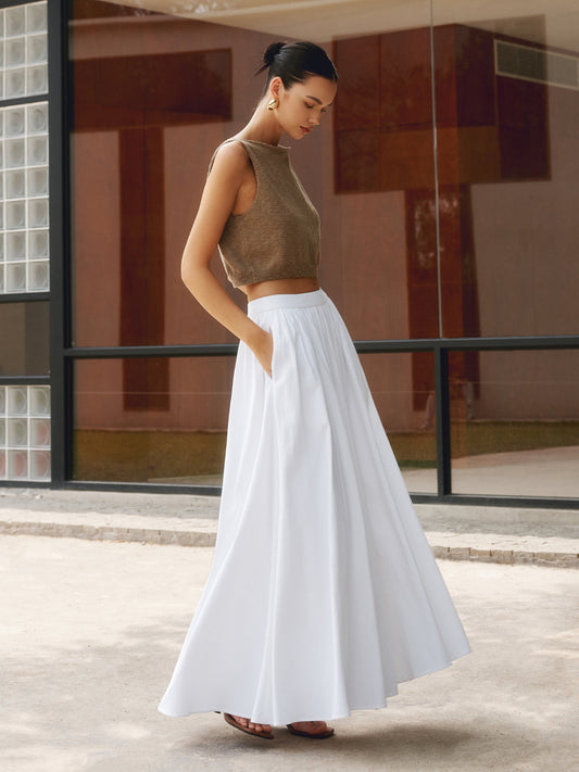 Women's High Waist A-Line Maxi Skirt With Pockets - Fashinoza