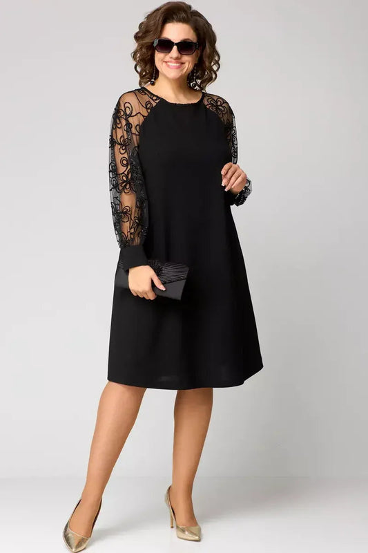 Women's A-Line Midi Dress Sheer Sleeves - Fashinoza