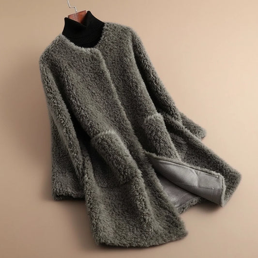 Women's Collarless Teddy Long Coat - Fashinoza