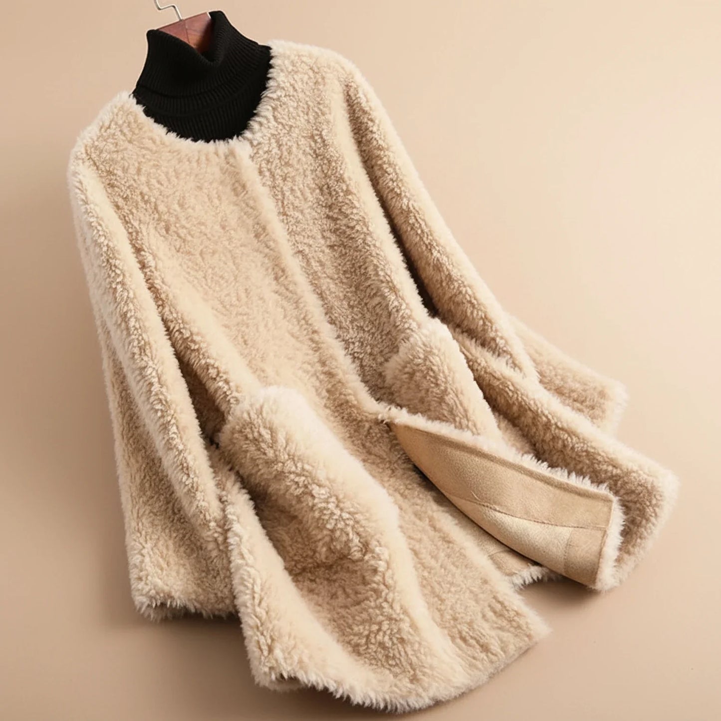 Women's Collarless Teddy Long Coat
