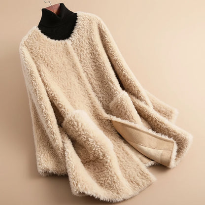 Women's Collarless Teddy Long Coat
