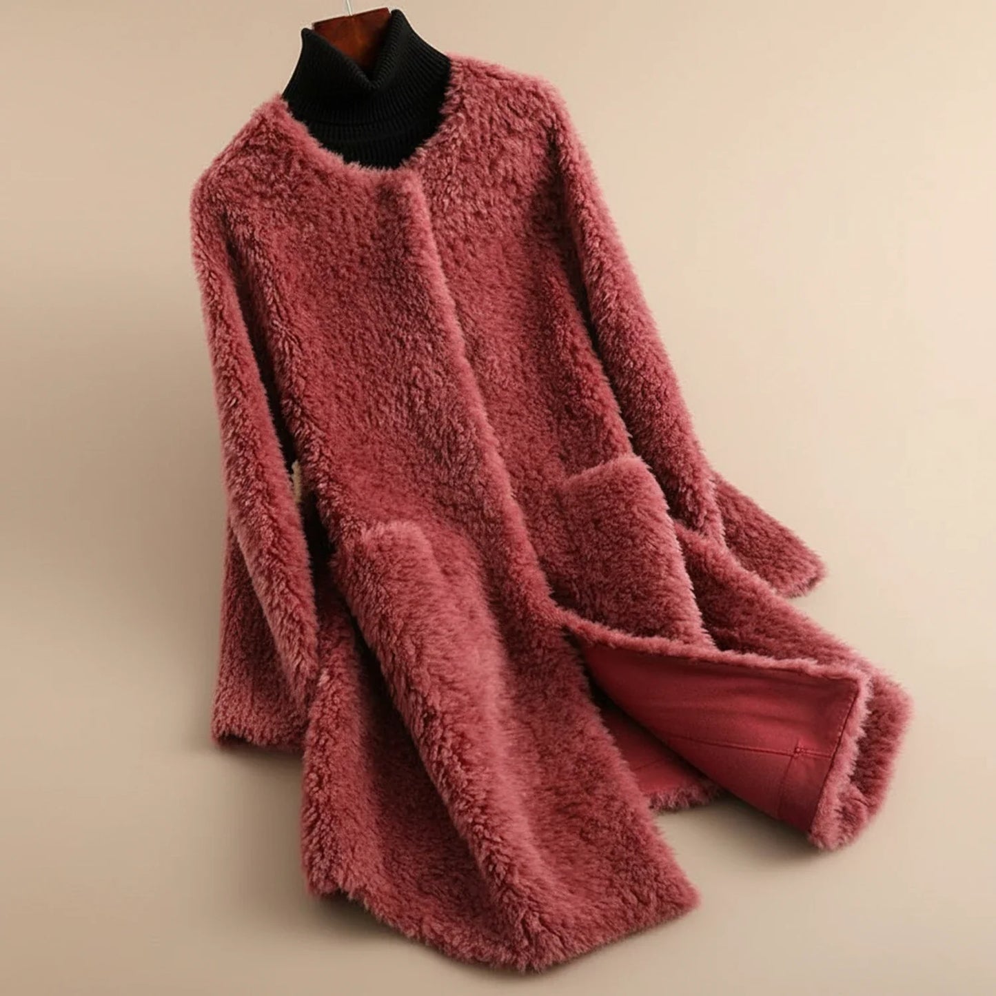 Women's Collarless Teddy Long Coat