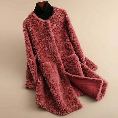 Women's Collarless Teddy Long Coat