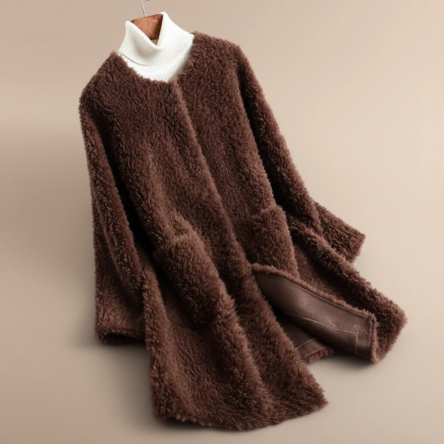 Women's Collarless Teddy Long Coat