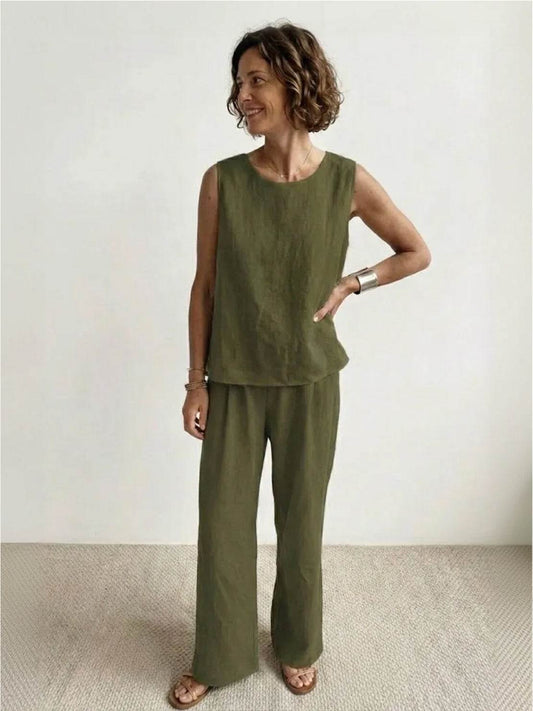 Women's Sleeveless Tank And Wide Leg Pants Set - Fashinoza