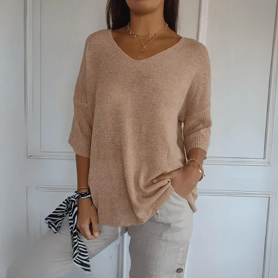 Women's V-Neck Knit Shirt Three-Quarter Sleeve