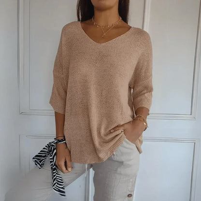 Women's V-Neck Knit Shirt Three-Quarter Sleeve