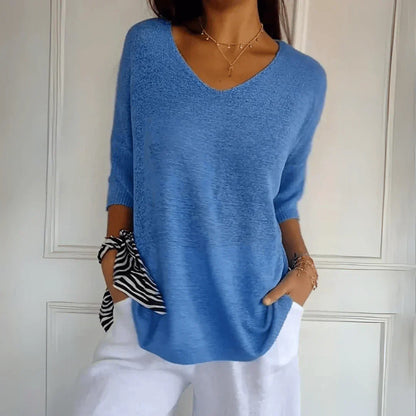 Women's V-Neck Knit Shirt Three-Quarter Sleeve