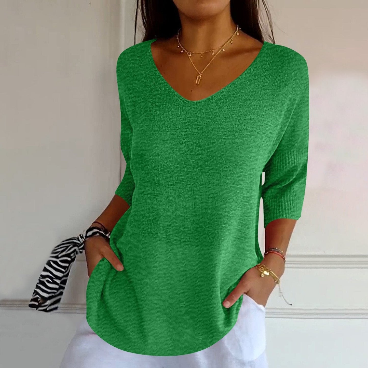 Women's V-Neck Knit Shirt Three-Quarter Sleeve