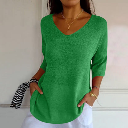 Women's V-Neck Knit Shirt Three-Quarter Sleeve