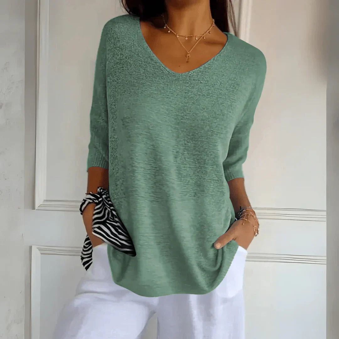 Women's V-Neck Knit Shirt Three-Quarter Sleeve