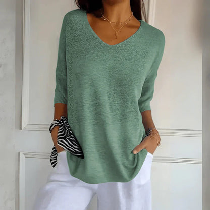 Women's V-Neck Knit Shirt Three-Quarter Sleeve