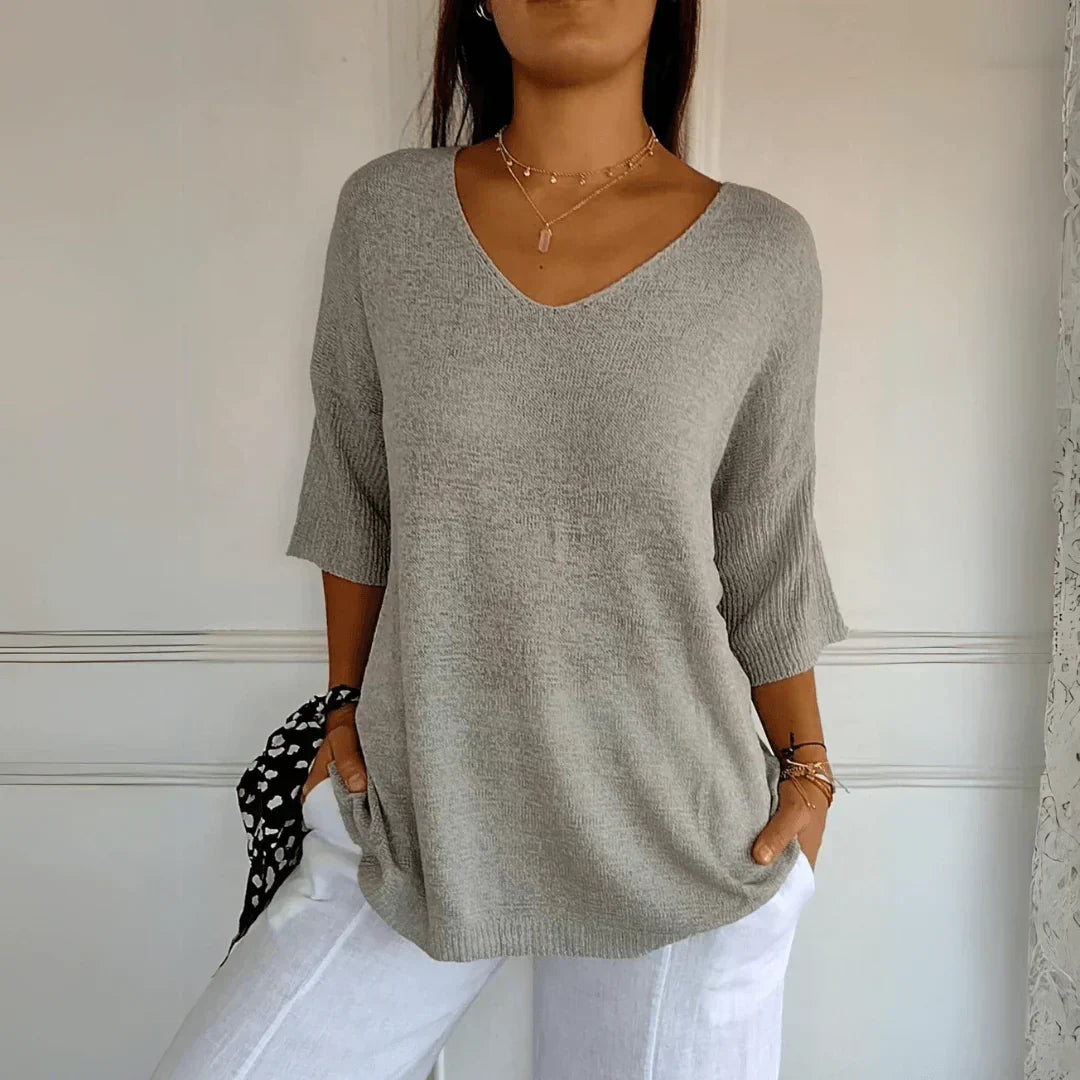 Women's V-Neck Knit Shirt Three-Quarter Sleeve - 
Fashinoza