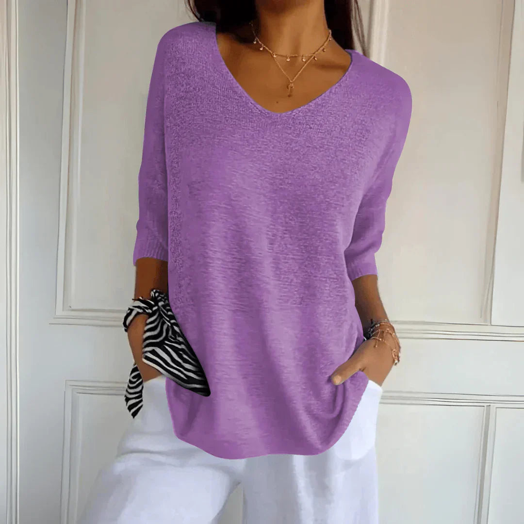 Women's V-Neck Knit Shirt Three-Quarter Sleeve