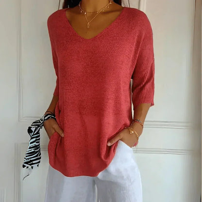 Women's V-Neck Knit Shirt Three-Quarter Sleeve