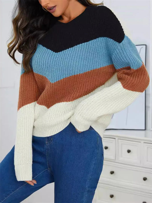 Women's Color Block Crewneck Sweater - Fashinoza