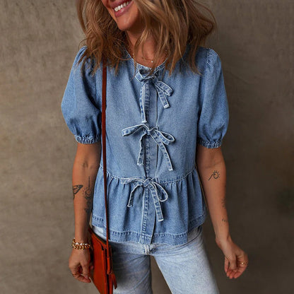 Women's Denim Tie Front Blouse - Fashinoza