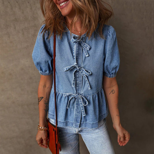 Women's Denim Tie Front Blouse - Fashinoza
