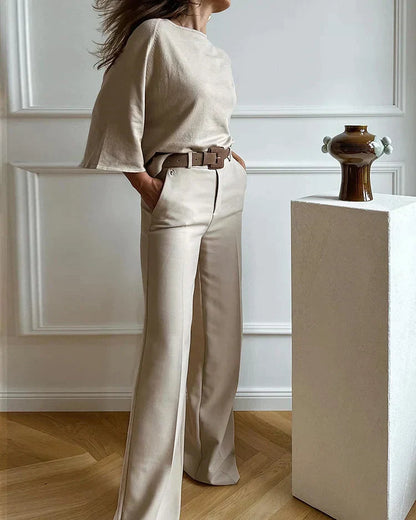 Women's Wide Leg Belted Two Piece Pants Set - Fashinoza