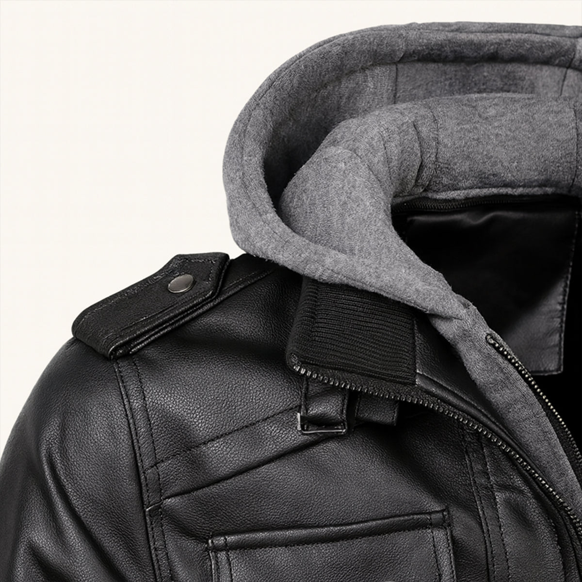 Men's Leather Hooded Jacket With Pockets