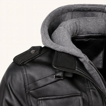 Men's Leather Hooded Jacket With Pockets