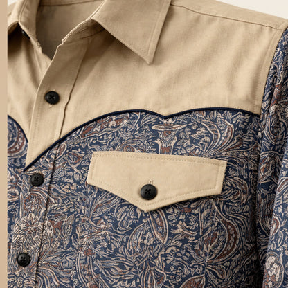 Men's Western Denim Shirt Soft Two Tone Patchwork Blue